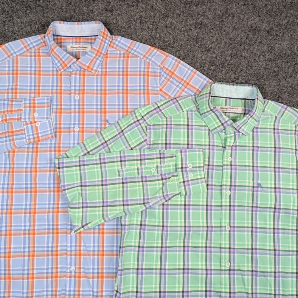Tommy Bahama Newport Coast Mens Medium Blue Orange Plaid Pima Cotton Shirt